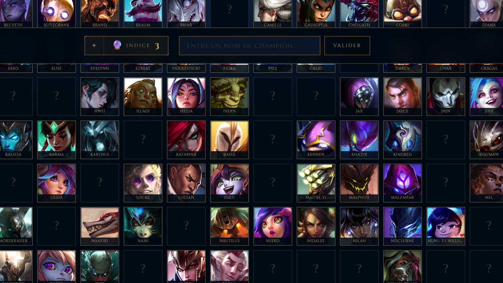 A game of Guess All LoL Champions in progress on PentaGuess