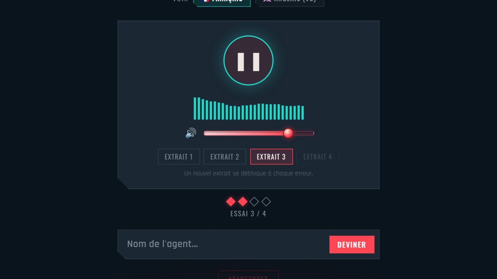 A game of The Voice of the Day in progress on PentaGuess